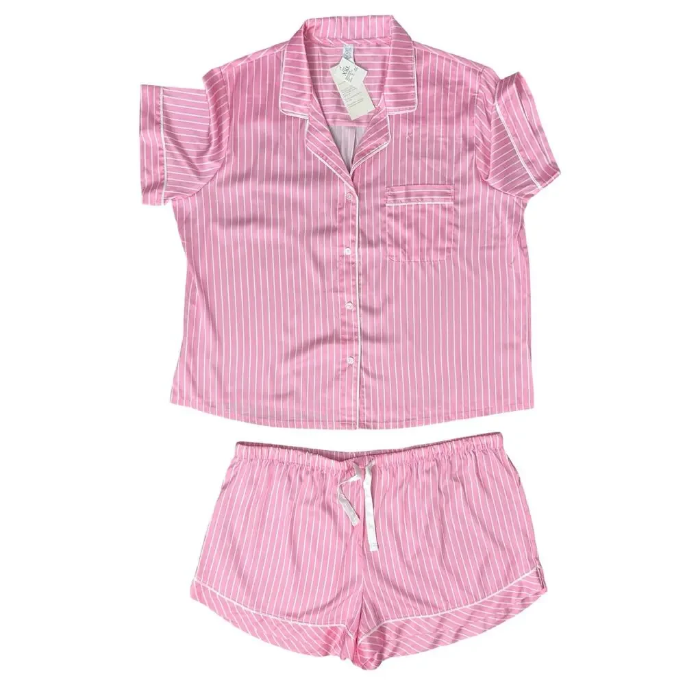 Stars Above Pink White Pinstripe Satin PJ Pajama Shorts Top Set size XXL NEW Tag - Picture 2 of 14